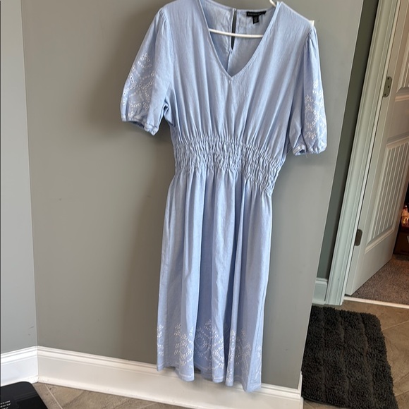 Saks Fifth Avenue Light Blue Midi Dress with Embroidered Sleeves - Picture 2 of 8